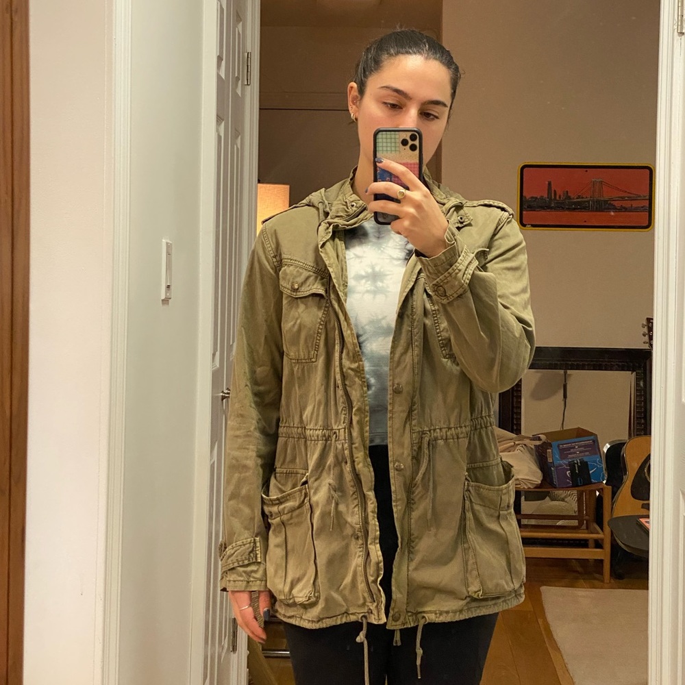 Talula brand green utility jacket from Aritzia.